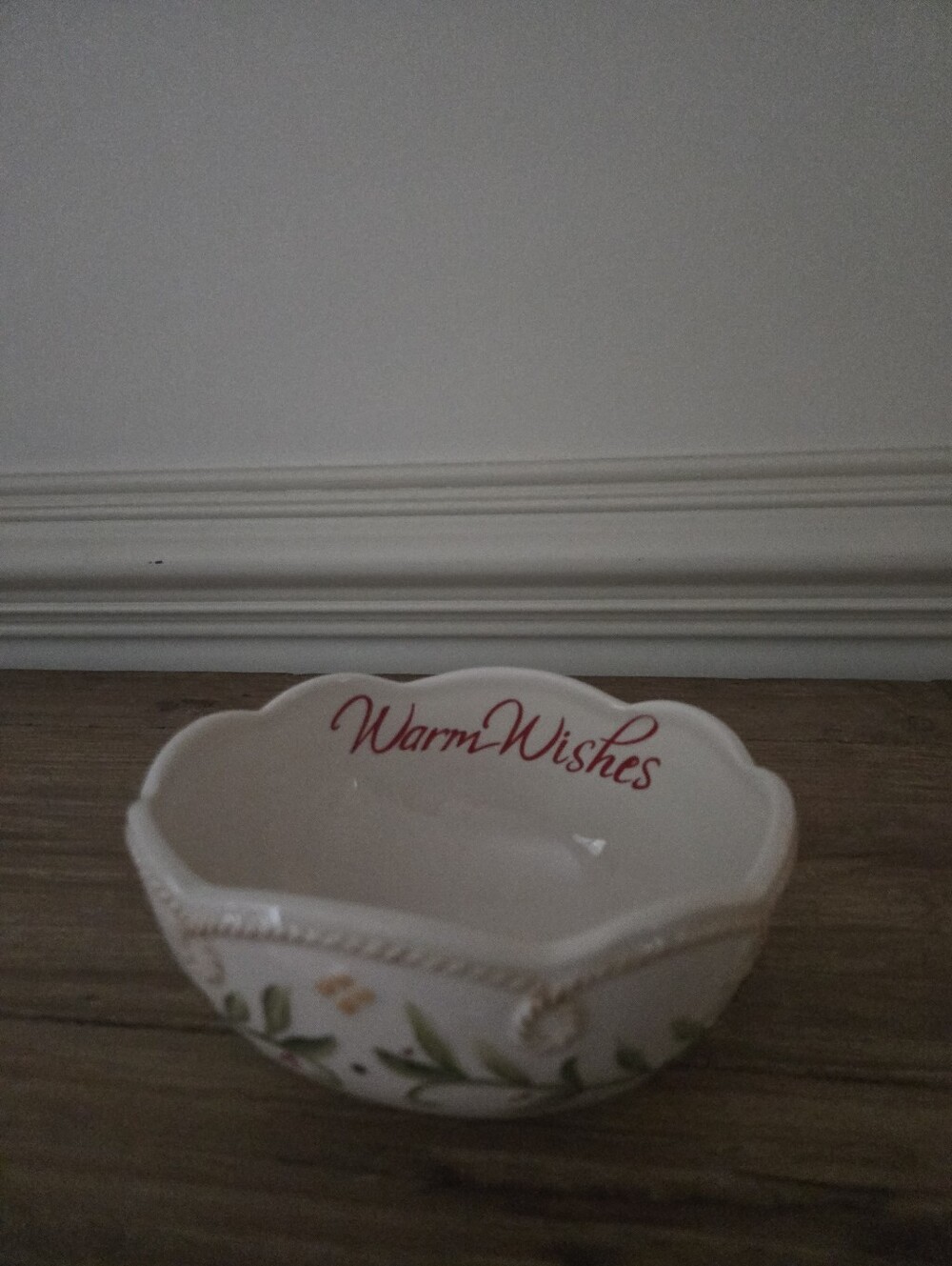 Fitz and Floyd White Ceramic Bowl with Green Leaf Motif and Red Script